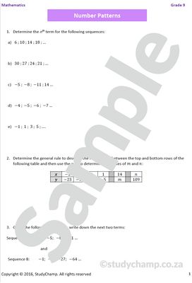 Grade 9 Mathematics Worksheet: Number Patterns