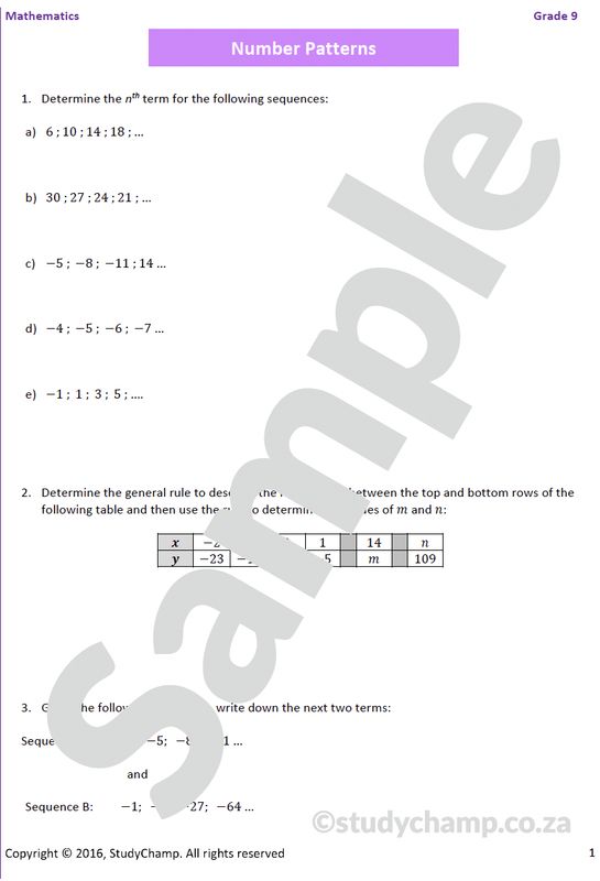 Grade 9 Mathematics Worksheet: Number Patterns