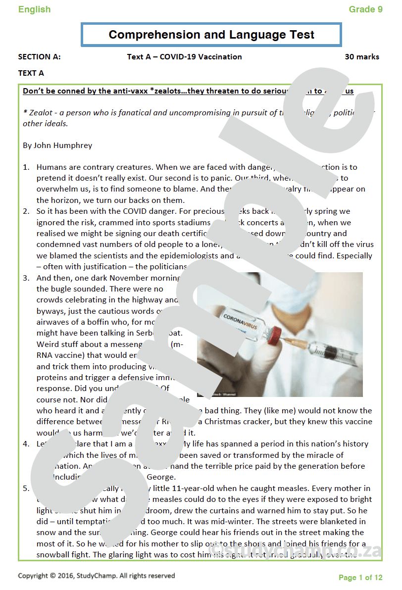 Grade 9 English: Comprehension and Language - COVID-19