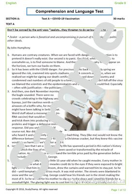 Grade 9 English: Comprehension and Language - COVID-19