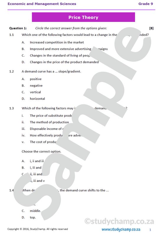 Grade 9 EMS Test: Price Theory