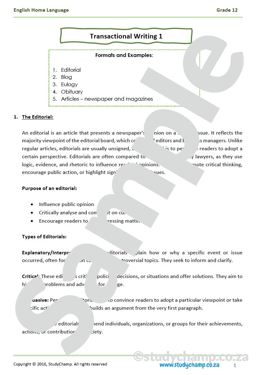 Grade 12 English Home Language: Transactional Writing 1