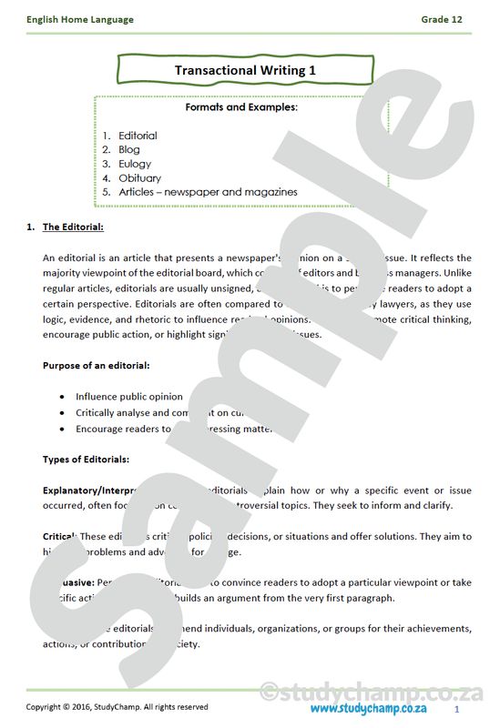 Grade 12 English Home Language: Transactional Writing 1