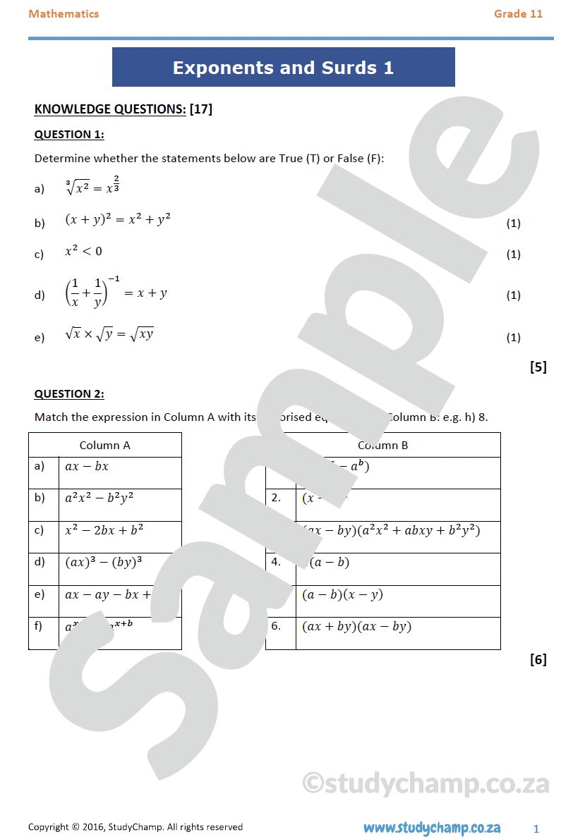 Grade 11 Mathematics Test: Exponents and Surds 1