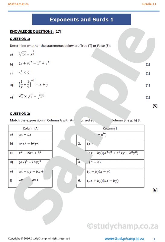 Grade 11 Mathematics Test: Exponents and Surds 1