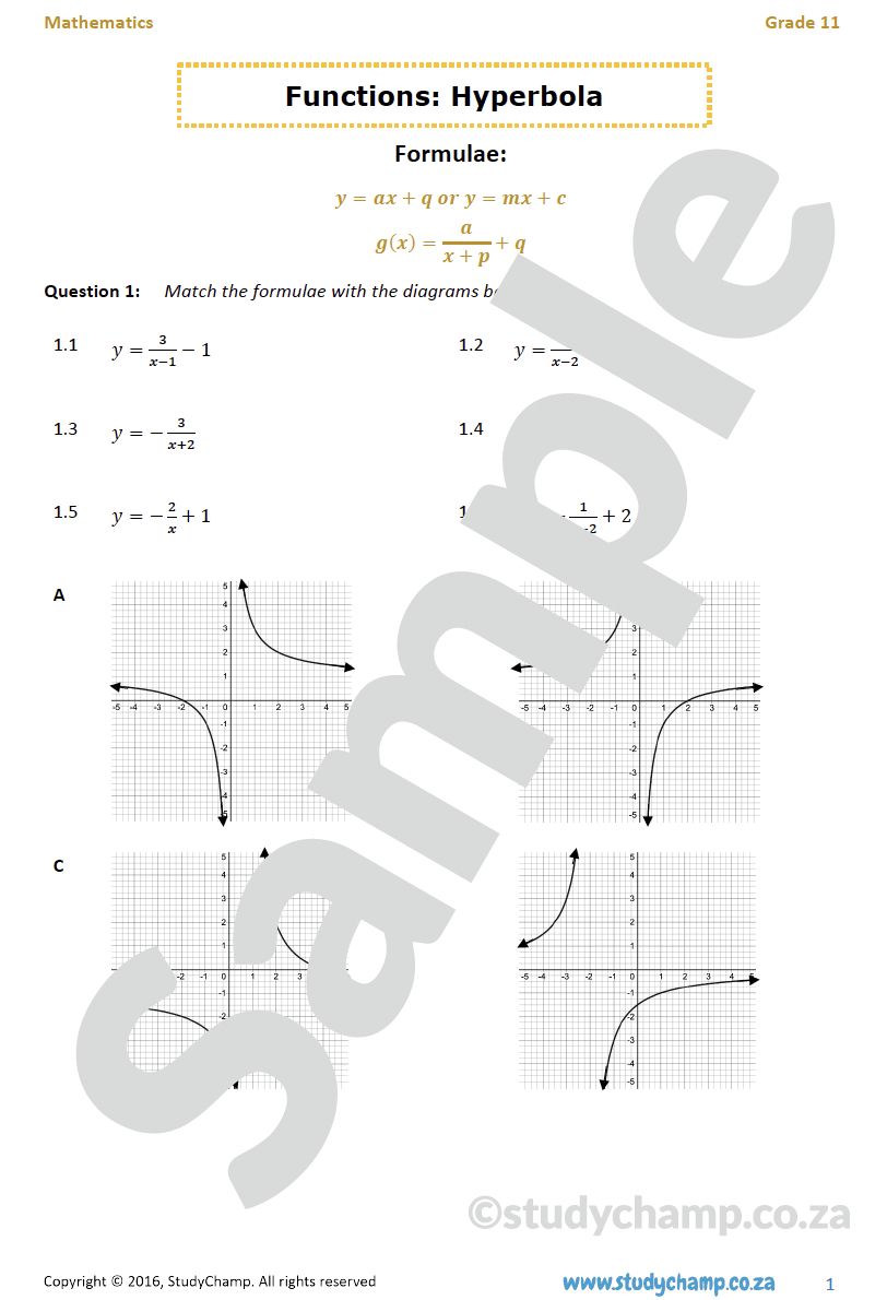 Grade 11 Mathematics Worksheet: Functions - Hyperbola