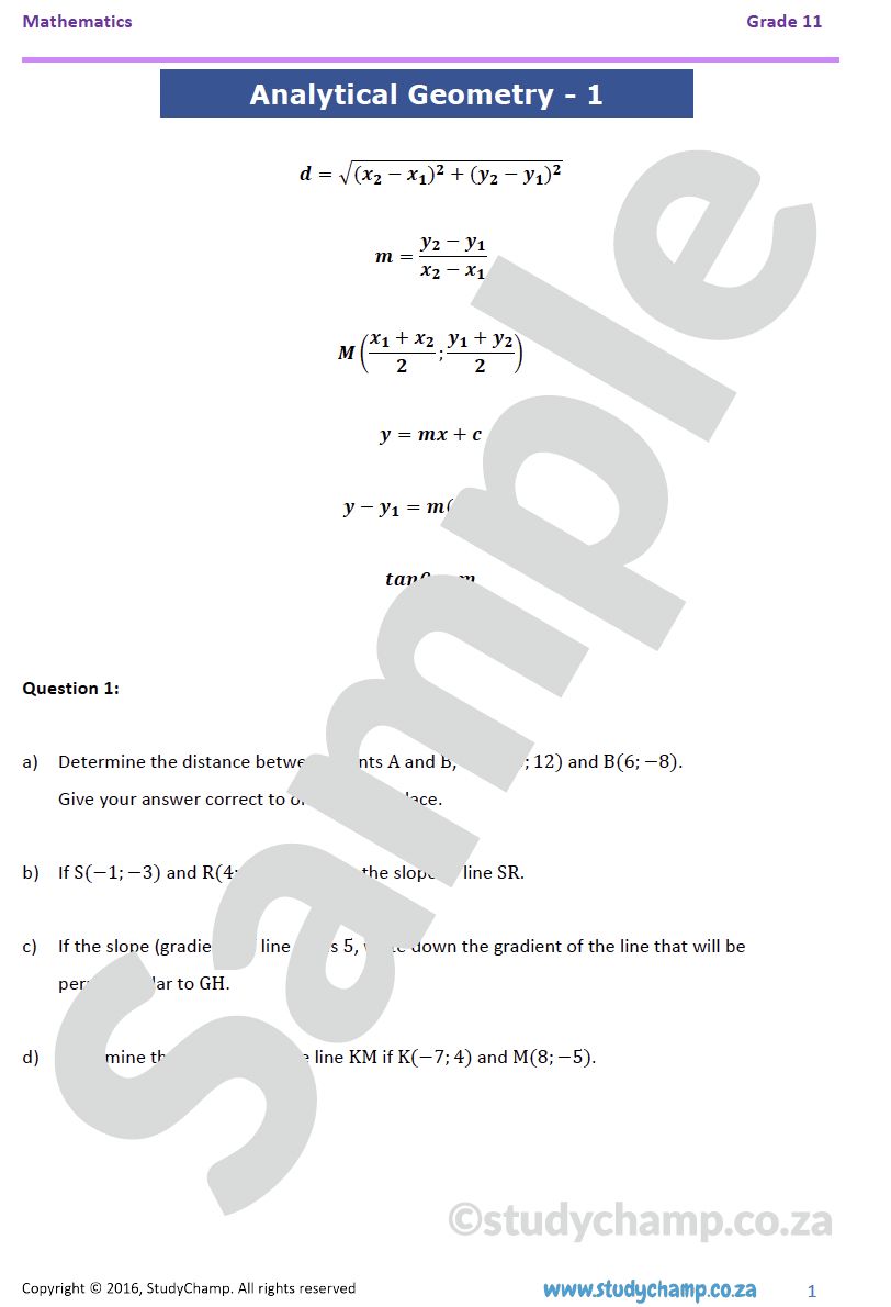 Grade 11 Mathematics Worksheet: Analytical Geometry 1