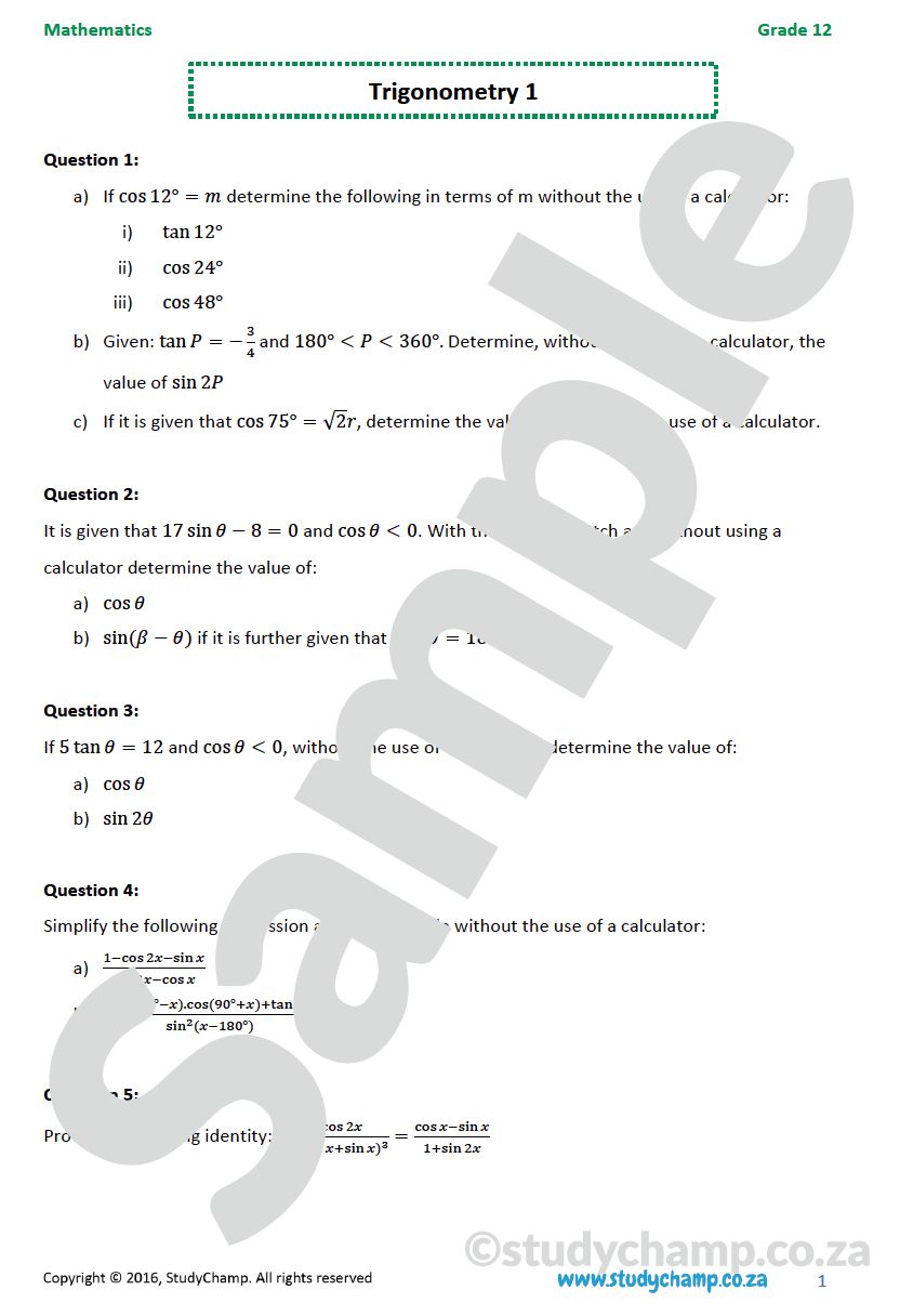 Grade 12 Mathematics worksheet: Trigonometry 1