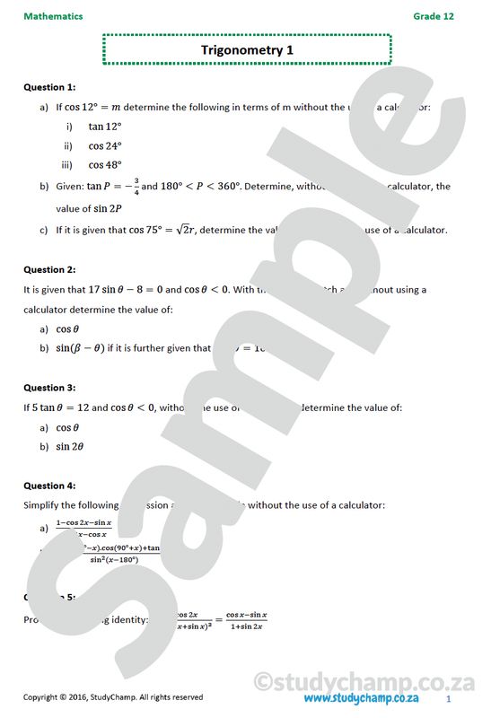 Grade 12 Mathematics worksheet: Trigonometry 1