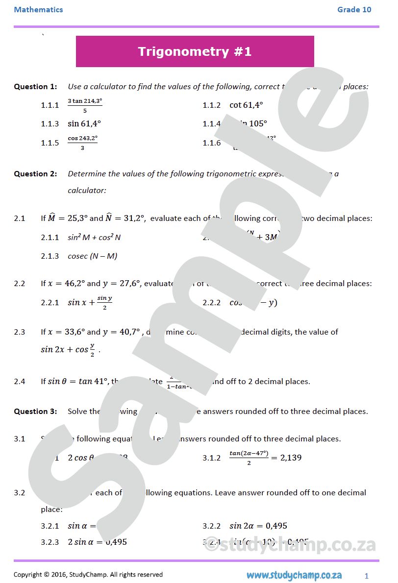 Grade 10 Mathematics Worksheet: Trigonometry 1