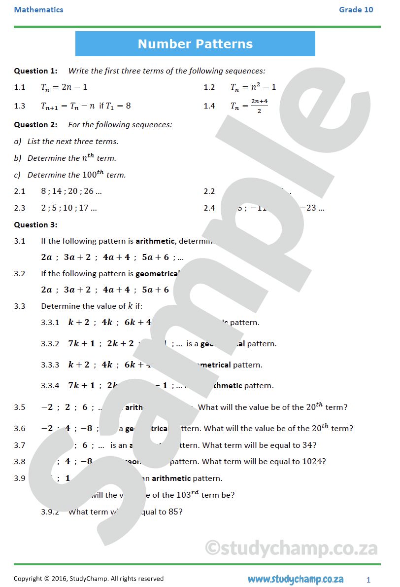 Grade 10 Mathematics Worksheet: Number Patterns