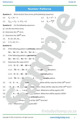 Grade 10 Mathematics Worksheet: Number Patterns