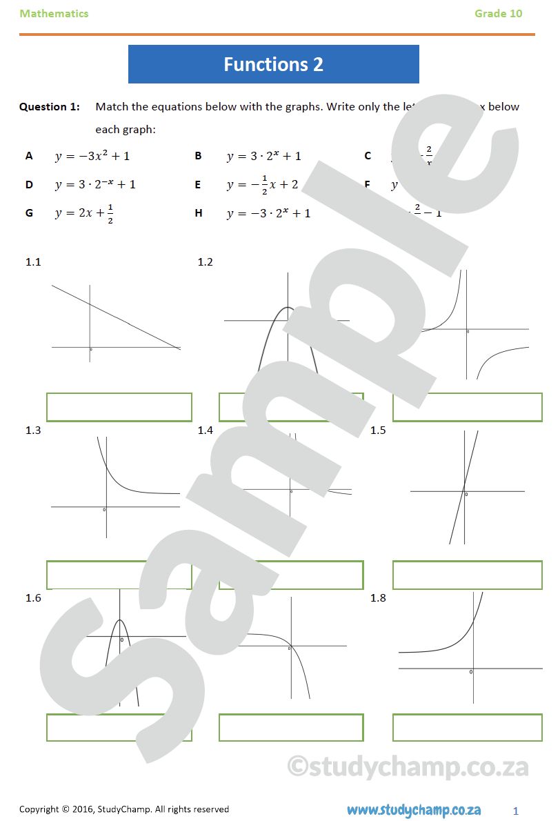 Grade 10 Mathematics Worksheet: Functions and Graphs 2