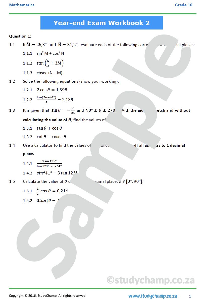 Grade 10 Mathematics Year-end Exam Revision: Workbook 2