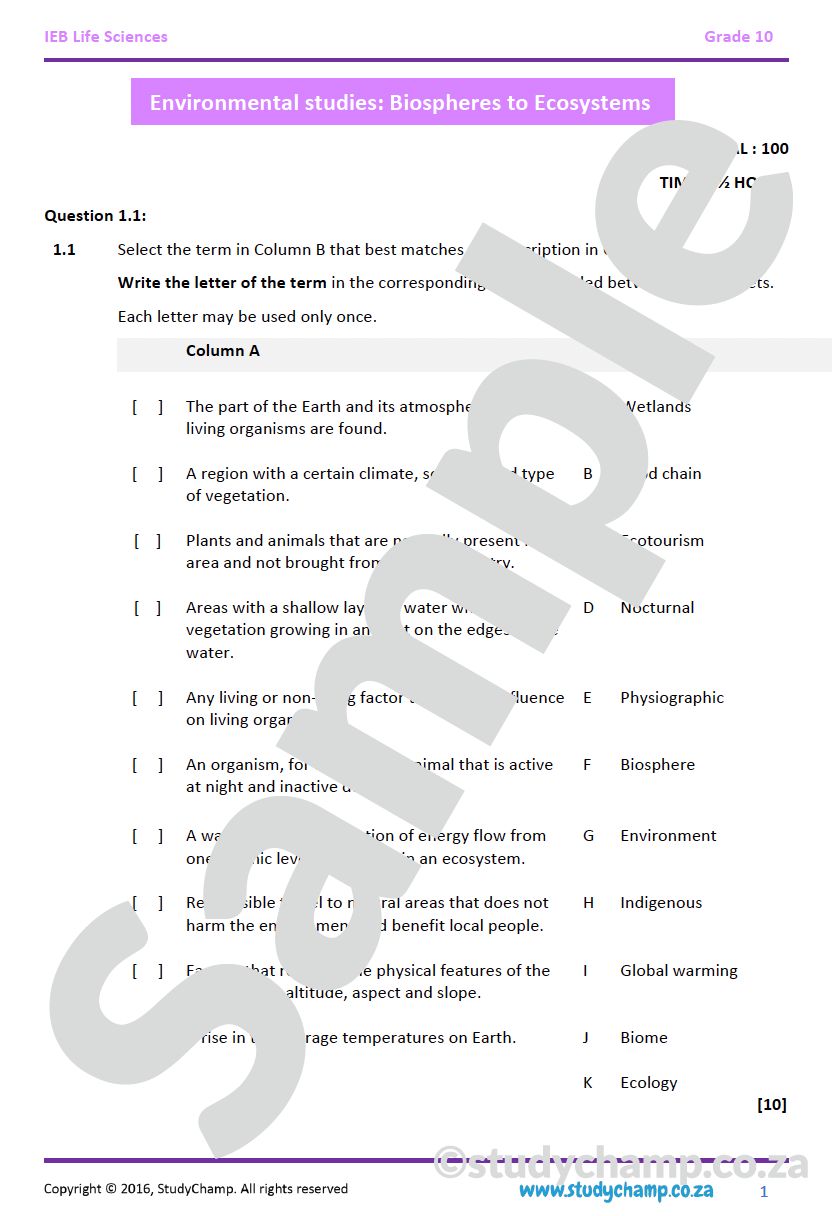 Grade 10 IEB Life Sciences Test: Biospheres and Ecosystems