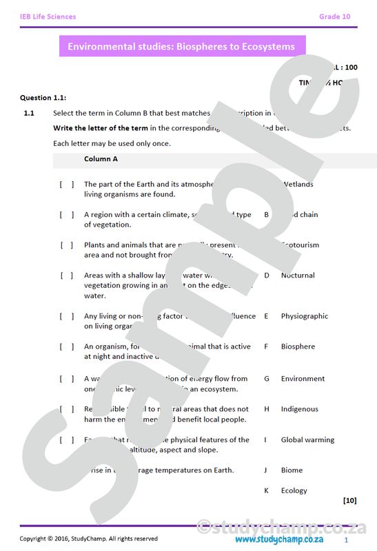 Grade 10 IEB Life Sciences Test: Biospheres and Ecosystems