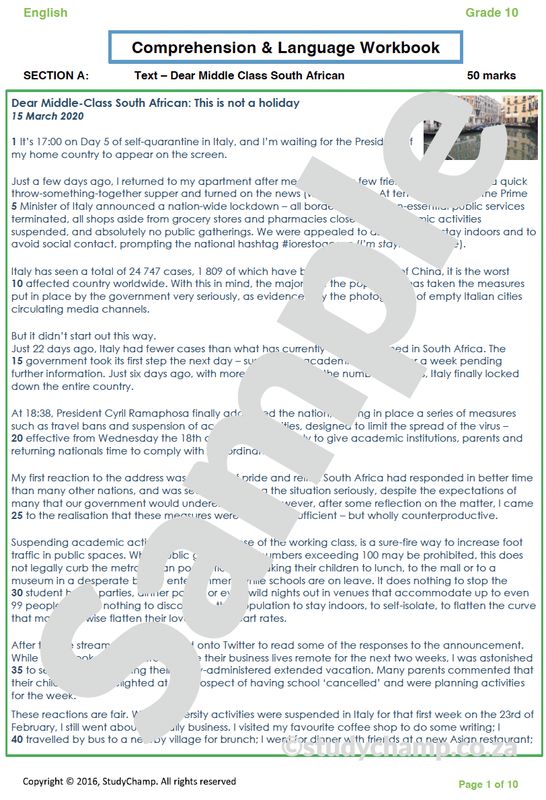 Grade 10 English: Comprehension and Language - Corona Virus
