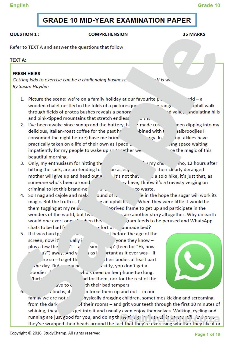 Grade 10 English Mid-year Exam Revision: Comprehension and Language
