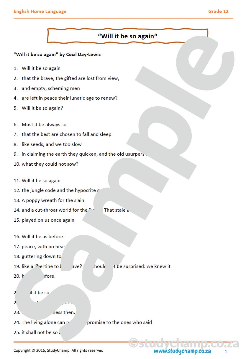 Grade 12 IEB English Home Language: Poetry - Will it be so again and Nobody loses all the time
