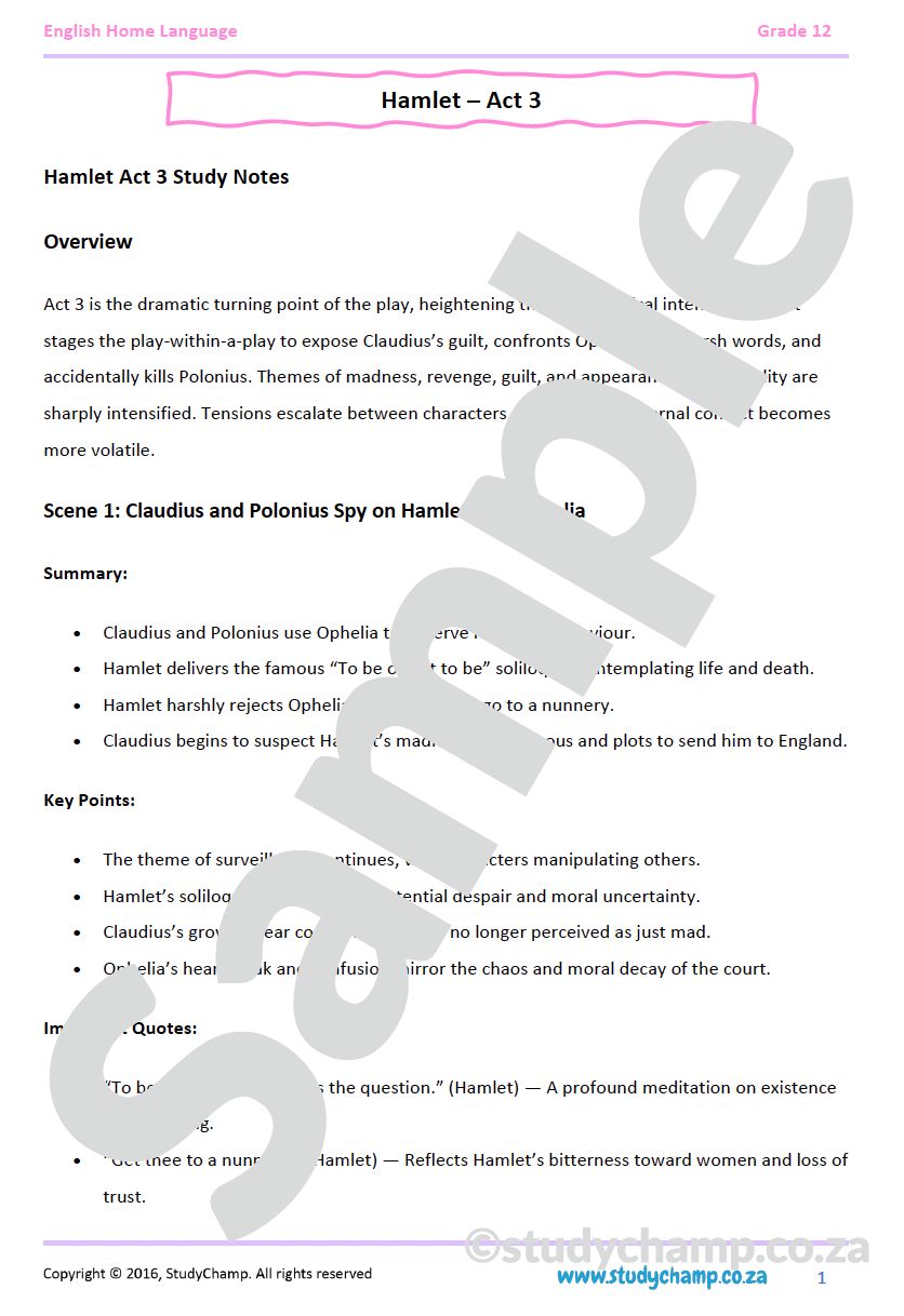 Grade 12 English Home Language: Hamlet - Act 2 and Act 3