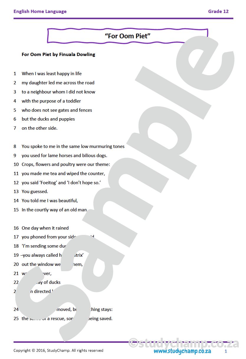 Grade 12 IEB English Home Language: Poetry - For Oom Piet and Mirror