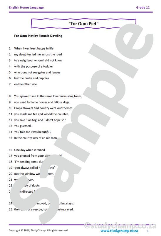 Grade 12 IEB English Home Language: Poetry - For Oom Piet and Mirror