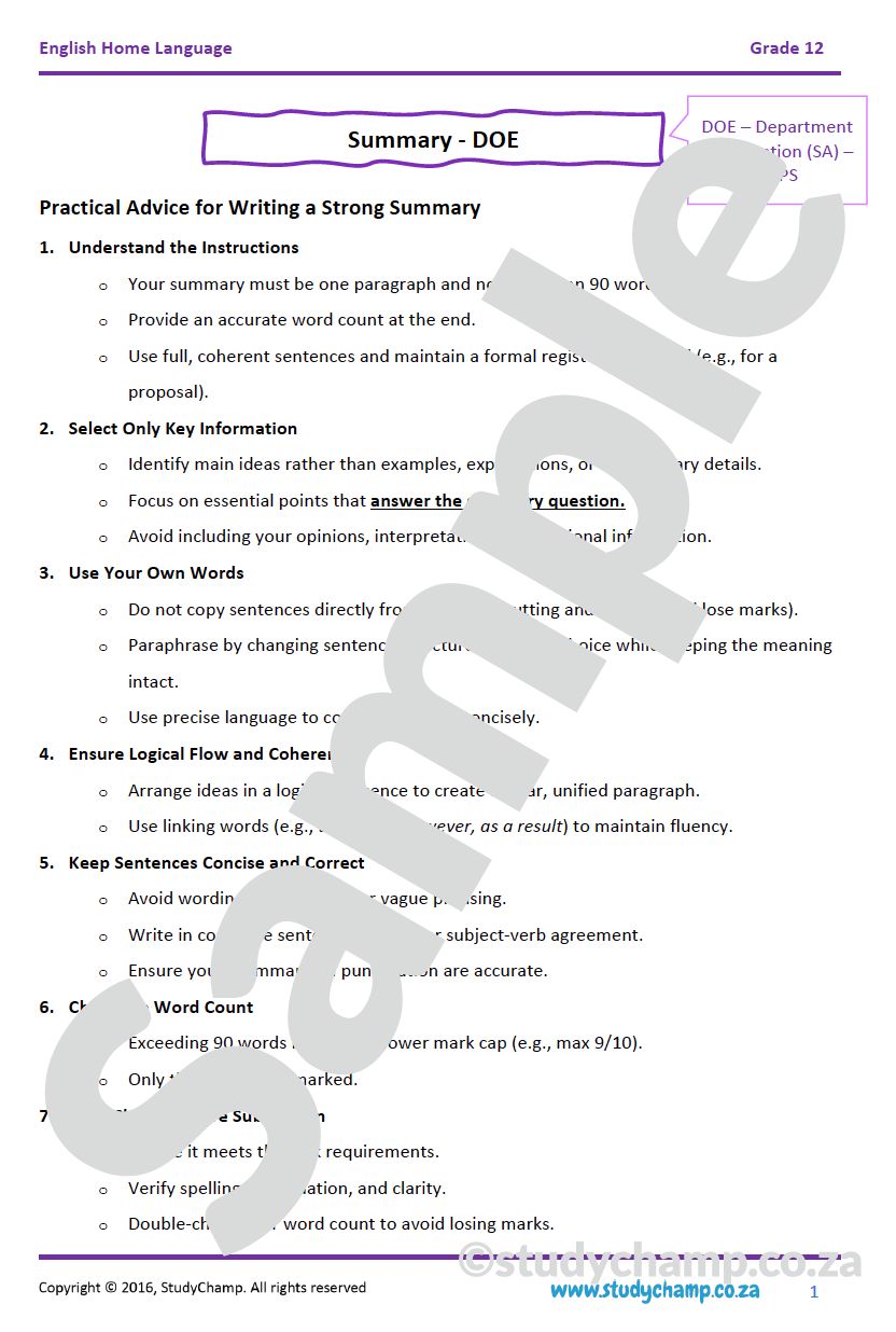 Grade 12 DOE English Home Language: Summary