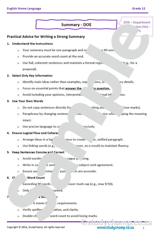 Grade 12 DOE English Home Language: Summary