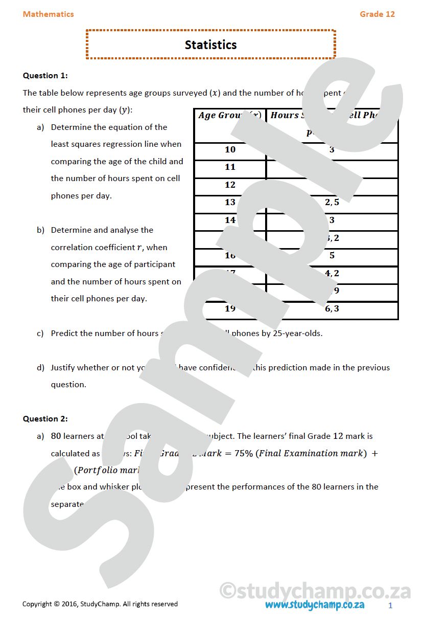 Grade 12 Mathematics worksheet: Statistics