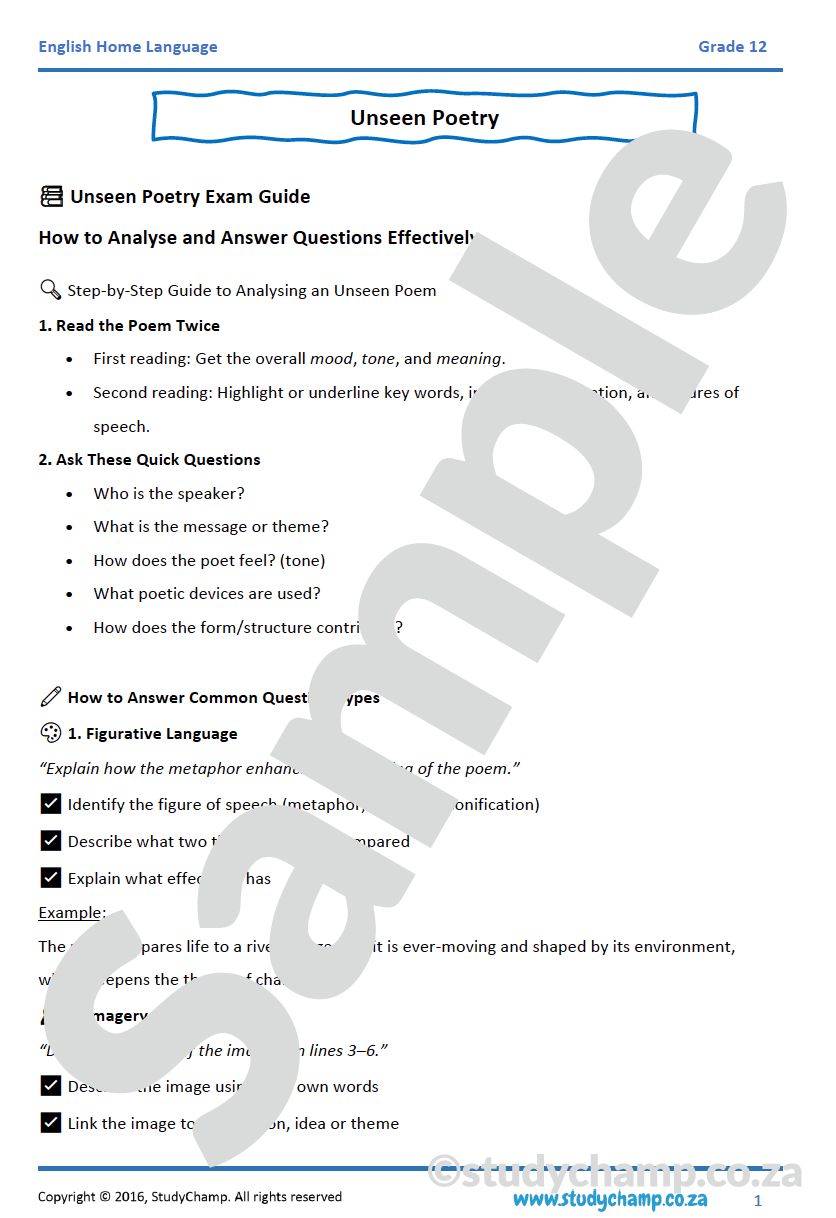Grade 12 English Home Language: Poetry - Unseen