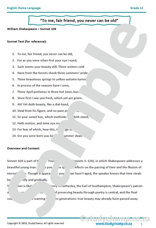 Grade 12 IEB English Home Language: Poetry - Sonnet 104 and Sun Rising