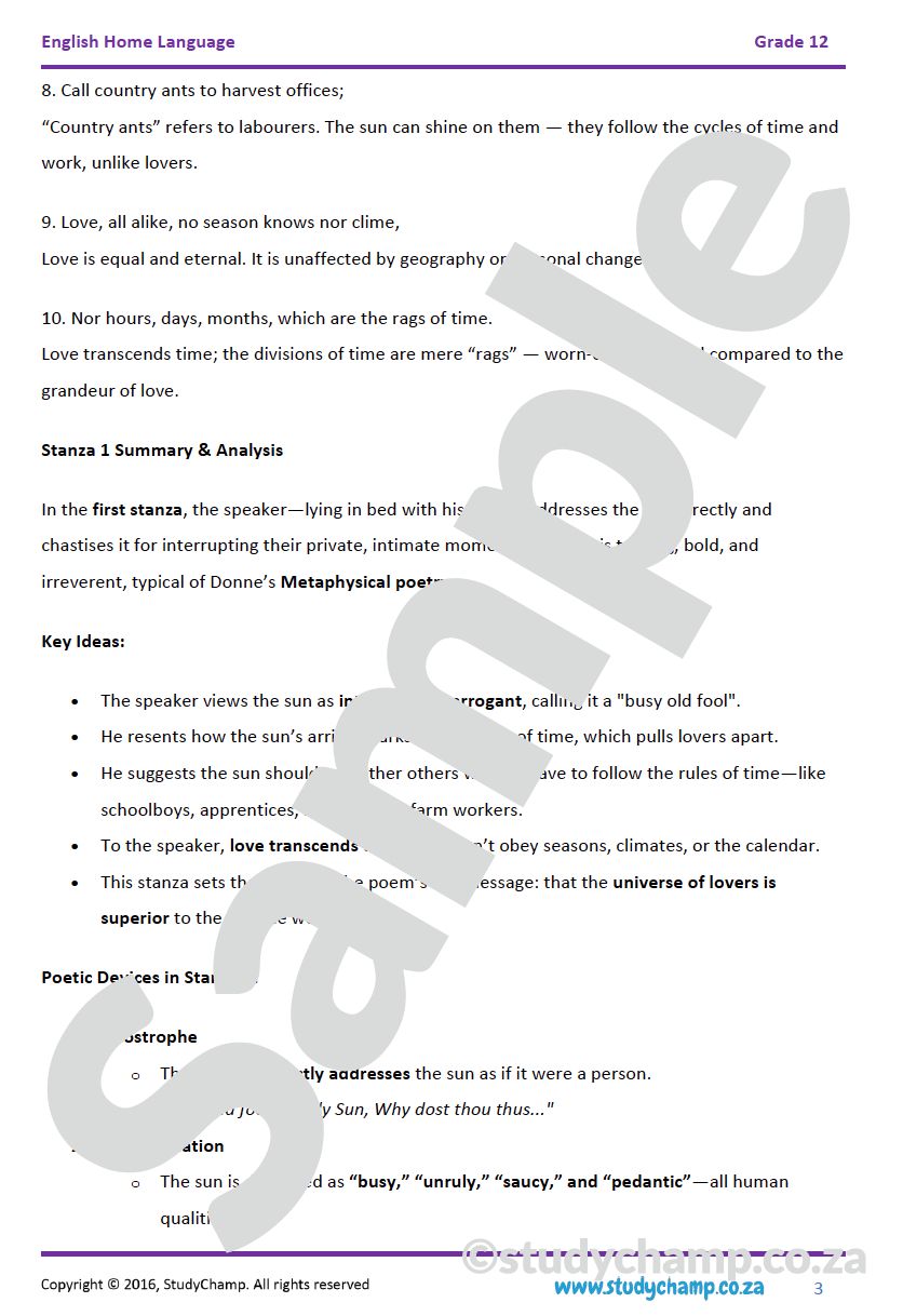 Grade 12 IEB English Home Language: Poetry - Sonnet 104 and Sun Rising
