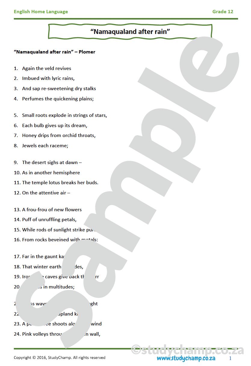 Grade 12 IEB English Home Language: Poetry - Touch and Namaqualand after the Rain