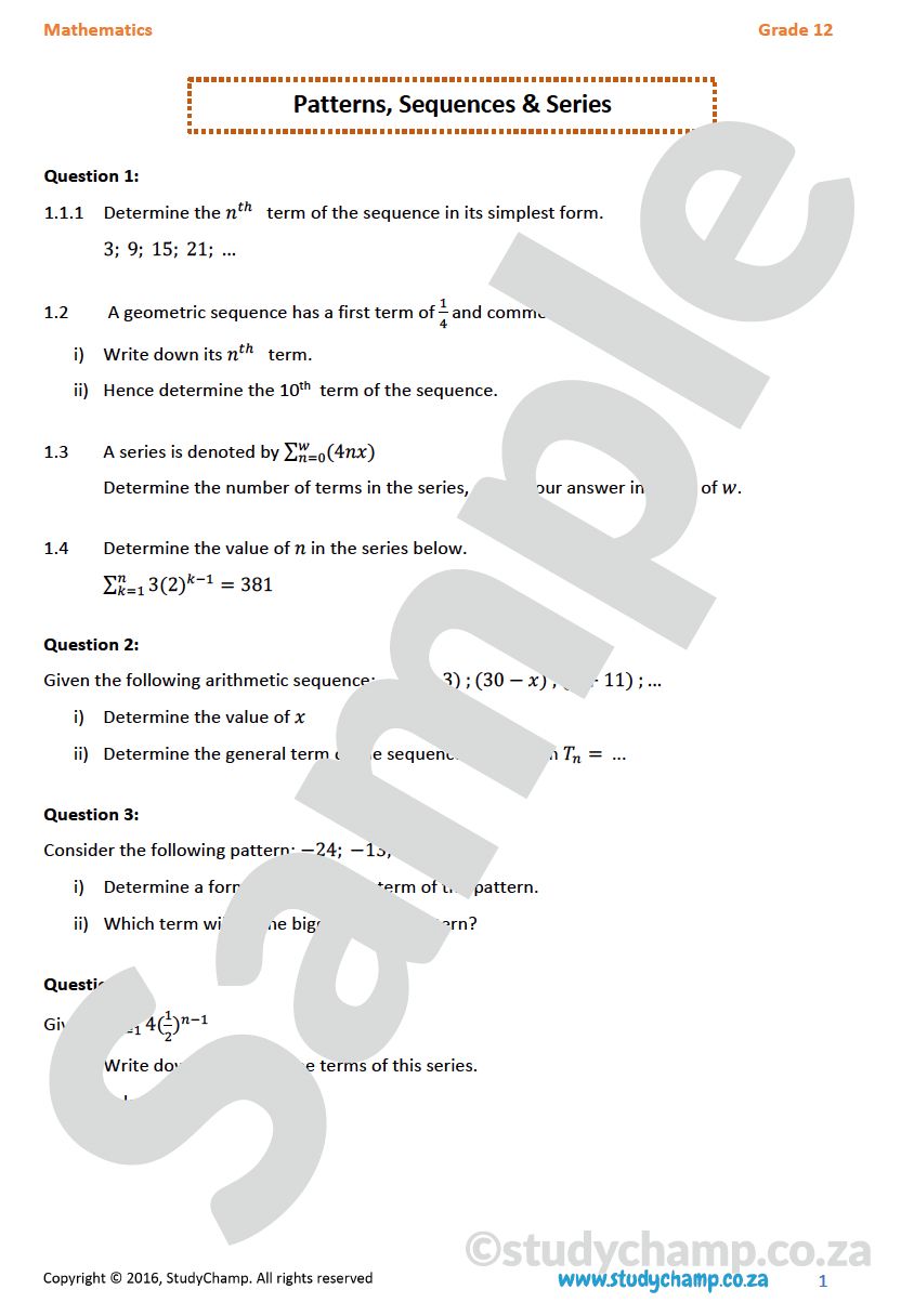 Grade 12 Mathematics worksheet: Patterns, Sequences and Series