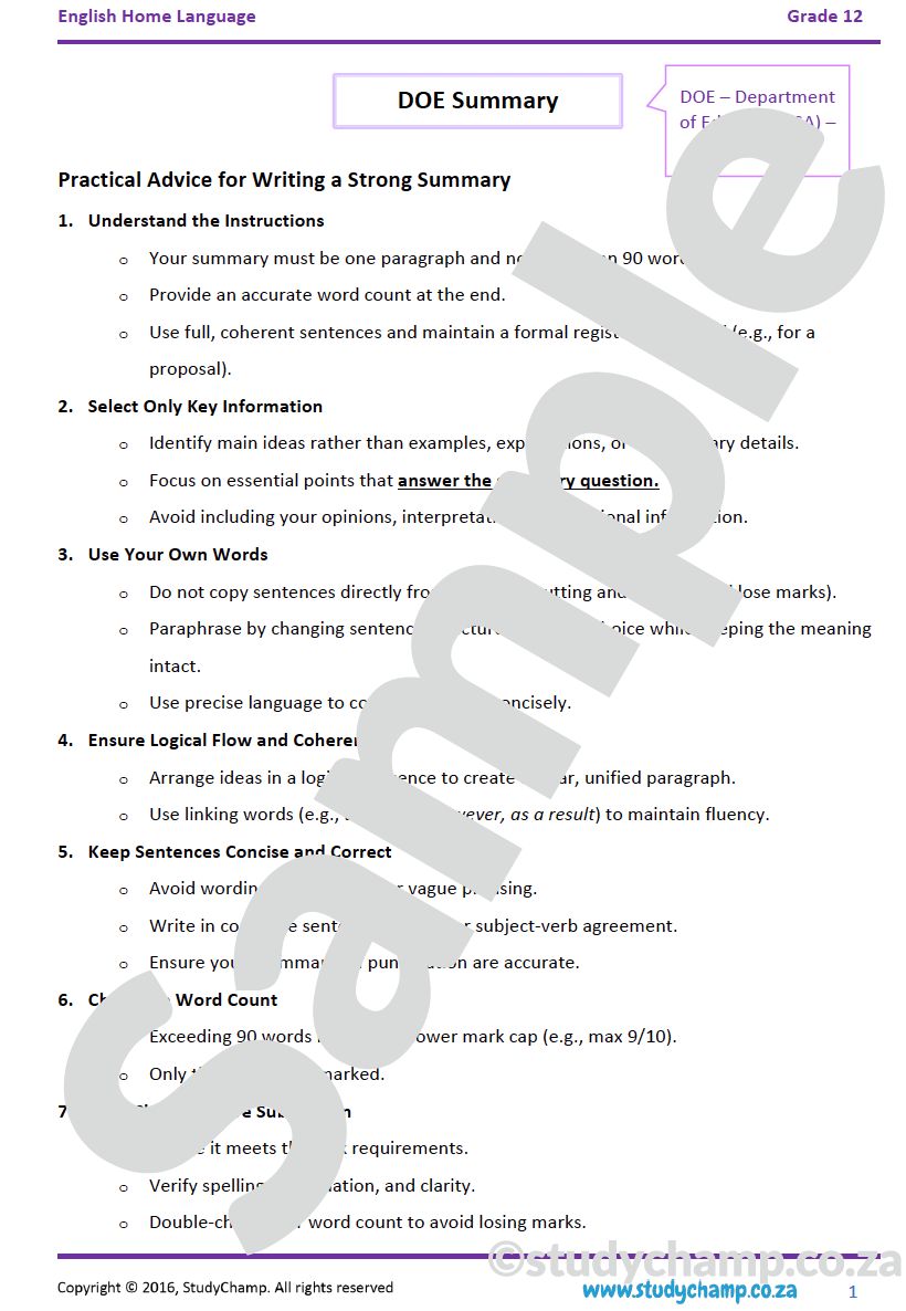 Grade 12 DOE English Home Language Bundle