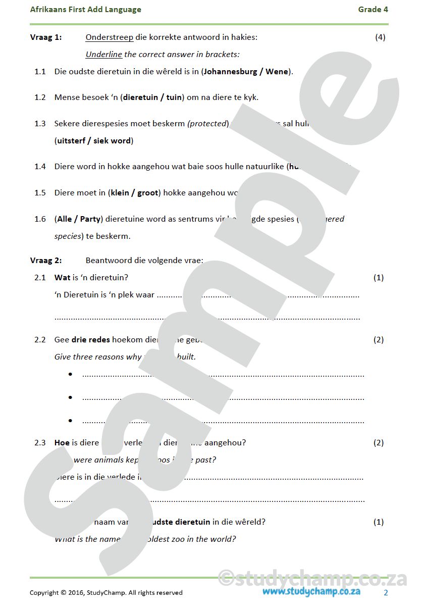 Grade 4 Afrikaans Begrip en Taal: Dieretuin