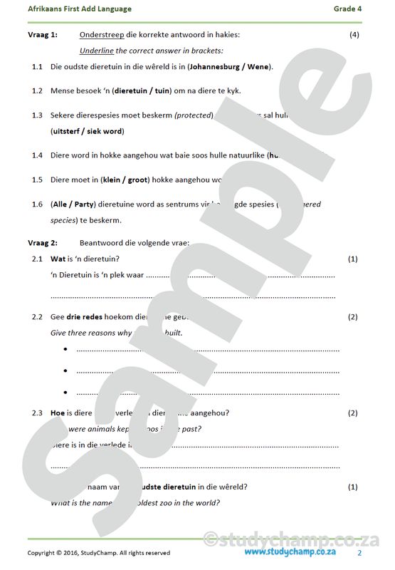 Grade 4 Afrikaans Begrip en Taal: Dieretuin