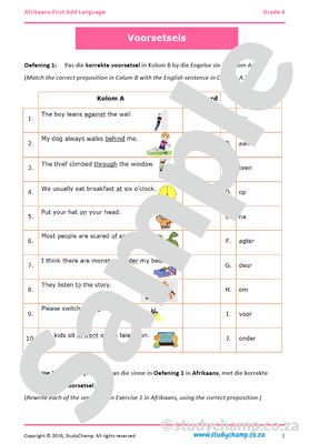 Grade 4 Afrikaans: Voorsetsels