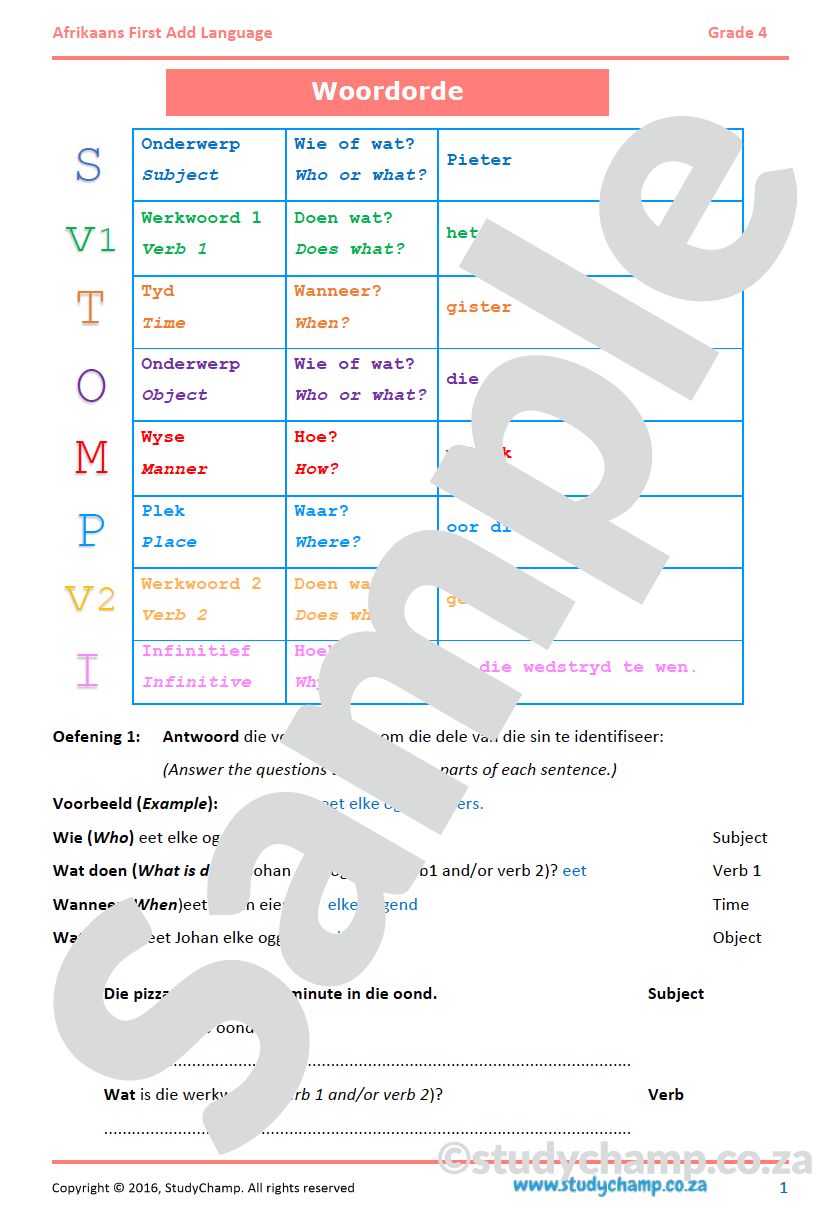 Grade 4 Afrikaans:  Woordorde
