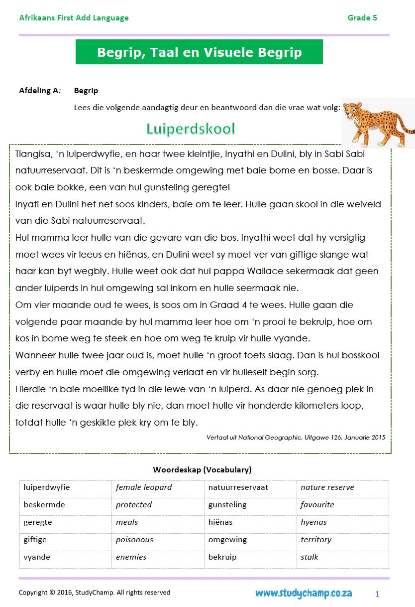 Grade 5 Afrikaans Begrip en Taal: Diere