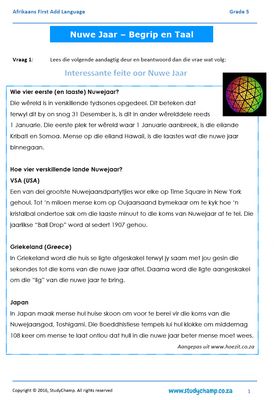 Grade 5 Afrikaans Begrip en Taal: Nuwe Jaar