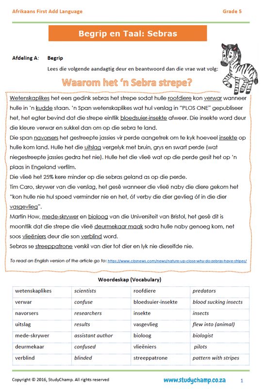 Grade 5 Afrikaans Begrip en Taalwerkboek: Sebras