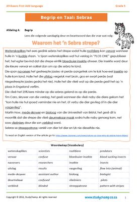 Grade 5 Afrikaans Begrip en Taalwerkboek: Sebras