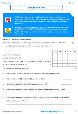 Grade 5 Mathematics Worksheet: Whole Numbers