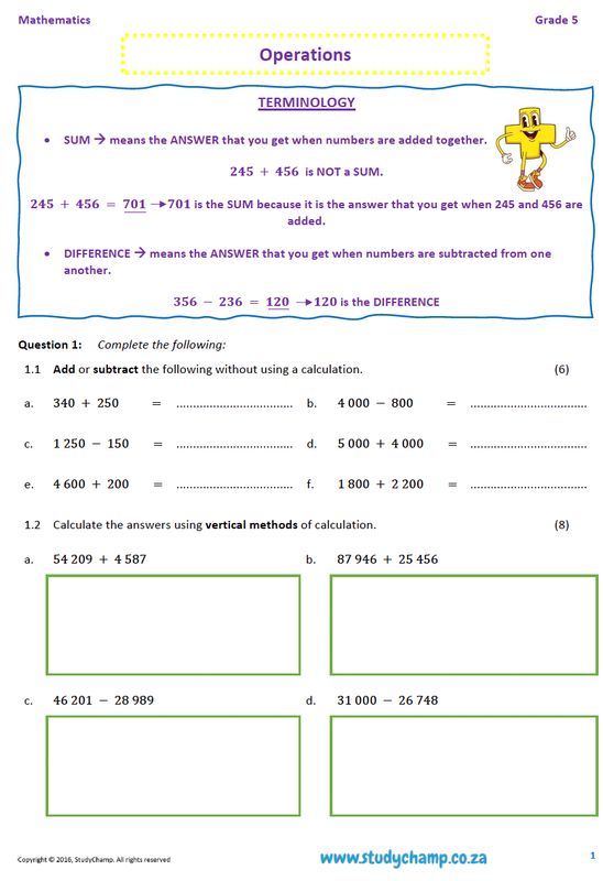 Grade 5 Mathematics Worksheet: Operations