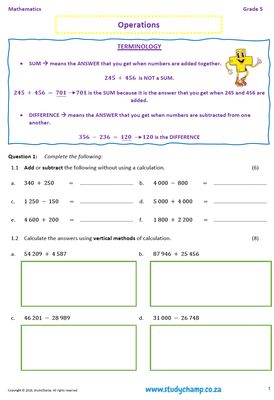 Grade 5 Mathematics Worksheet: Operations