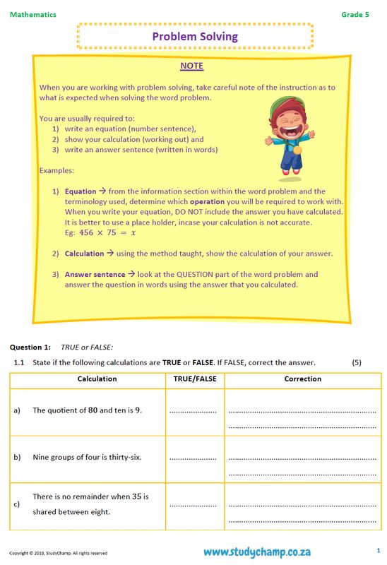 Grade 5 Mathematics Worksheet: Problem Solving