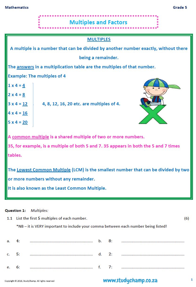 Grade 5 Mathematics Worksheet: Multiples and Factors