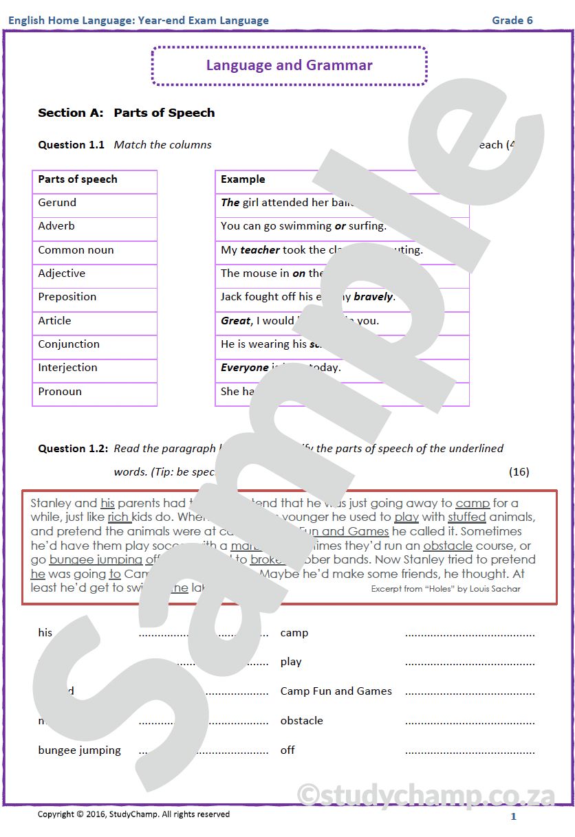 Grade 6 English Year-end Exam Revision: Language, Grammar and Poetry