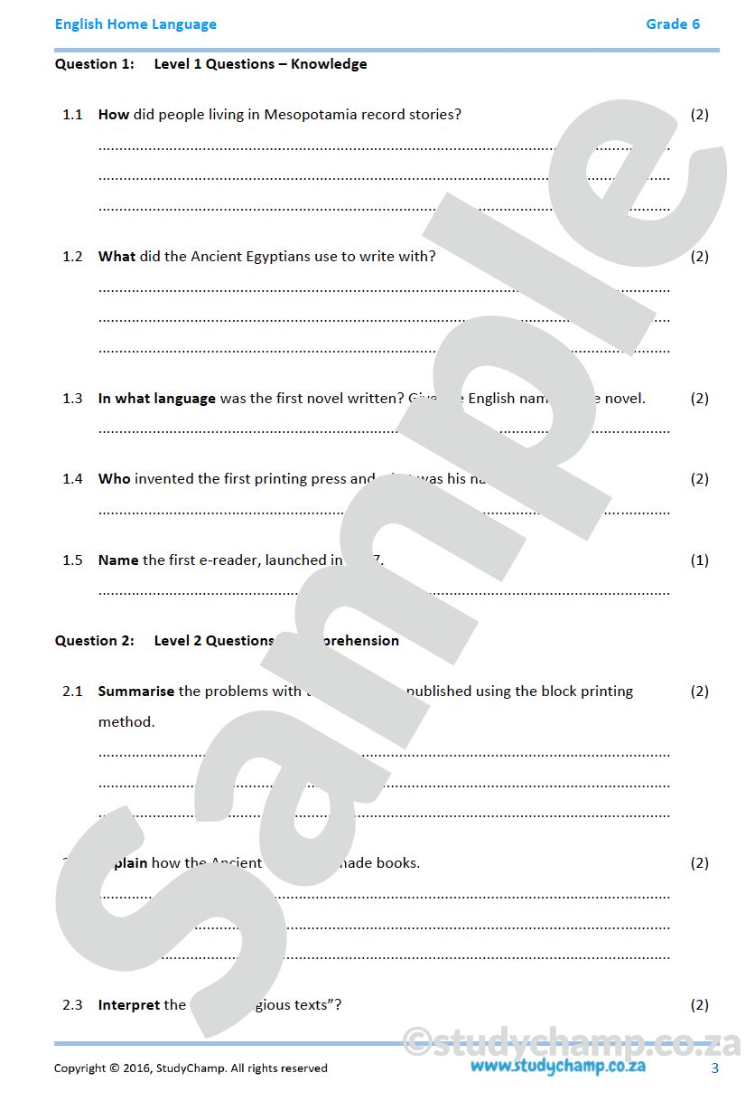 Grade 6 English Comprehension: Books